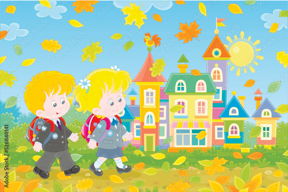 Happily smiling schoolchildren with schoolbags going to their school along a colorful street of a pretty small town on a beautiful autumn day, vector cartoon illustration Happily smiling schoolchildren with schoolbags going to their school along a colorful street of a pretty small town on a beautiful autumn day, vector cartoon illustration