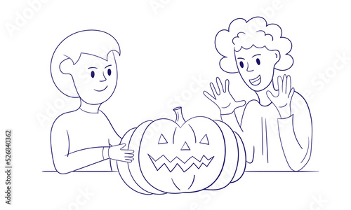 The boy gave a pumpkin to the girl. Halloween illustration. Modern style, thin lines. Design for banner, coloring book