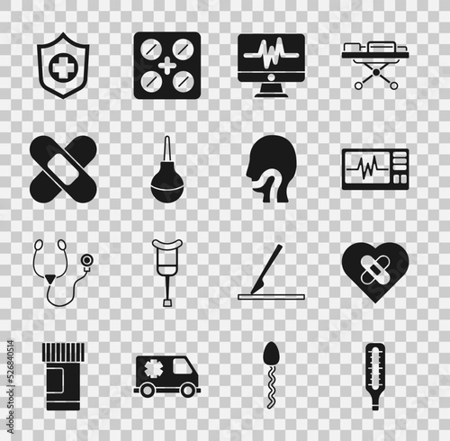 Set Medical thermometer, Healed broken heart, Monitor with cardiogram, Enema, Crossed bandage plaster, Life insurance in hand and Sore throat icon. Vector