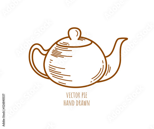One small vintage ceramic teapot vector icon on white background. Tea ceremony. Kitchen dishes. Decorative element for menu design, advertising layout, banner. Hand drawn art illustration. Brewing.