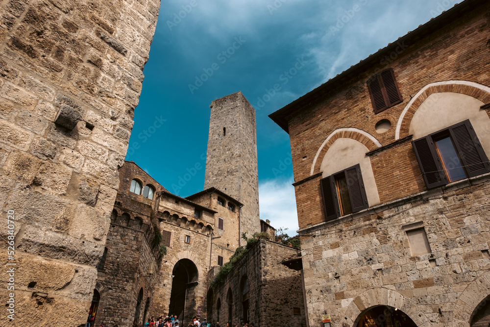Beautiful view of ancient San Gimignano, Tuscany landscape and landmarks. Summer in Italy