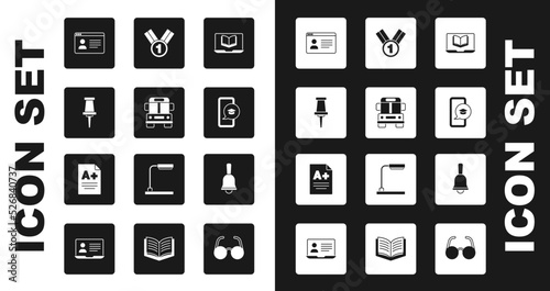 Set Online class, School Bus, Push pin, Graduation cap on mobile, Medal, Ringing bell and Exam sheet with A plus grade icon. Vector