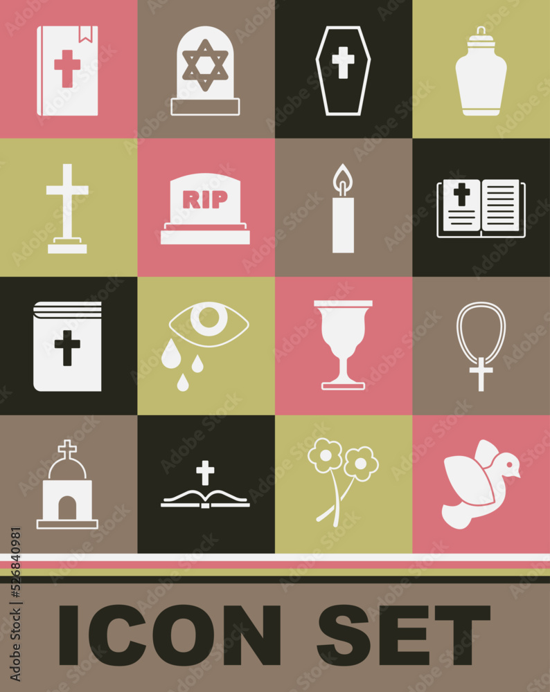 Set Dove, Christian cross on chain, Holy bible book, Coffin with, Tombstone RIP written, Grave, and Burning candle icon. Vector Set Dove, Christian cross on chain, Holy bible book, Coffin with, Tombstone RIP written, Grave, and Burning candle icon. Vector