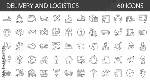 Set of 60 thin line vector icons. Delivery and Logisticks. The set contains icons: E-commerce, Online Shopping, Delivering, Freight Transportation, Shipping, 