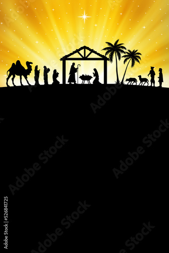 Christmas Nativity Scene poster background. Christmas illustration usable for greetings   with copy space for text.