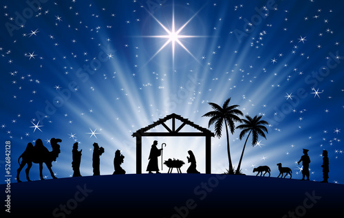 Blue Christmas Nativity scene greeting card background.