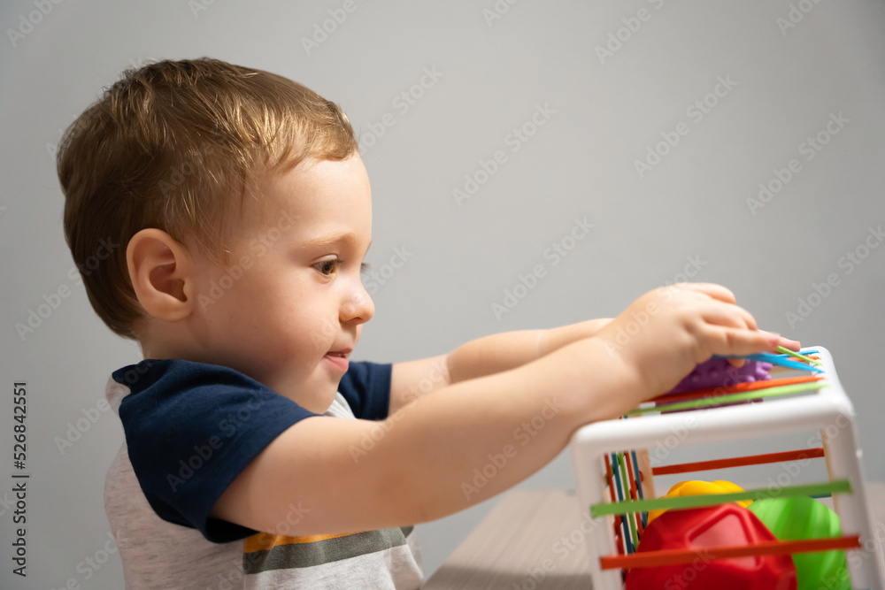 A cute toddler boy is playing a game with sensory colorful balls. Sensory and tactile activities. Games for children one and a half years old. Attentive child. Selective focus A cute toddler boy is playing a game with sensory colorful balls. Sensory and tactile activities. Games for children one and a half years old. Attentive child. Selective focus