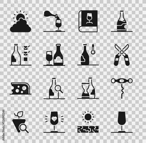 Set Wine glass, corkscrew, Gardening scissors, Book about wine, bottle with, Bottle of, Sun and cloud weather and temperature icon. Vector