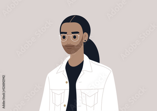 A young middle eastern male character with long hair and eyeglasses