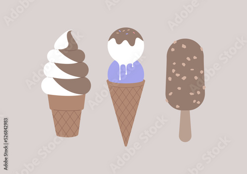 A set of three ice creams, melting gelato in a waffle cone, Soft mixed flavor of vanilla and chocolate, and a popsicle coated with nuts
