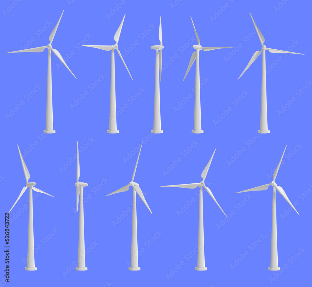 Wind turbines set in different positions isolated on blue background. Clean and renewable energy concept. 3D rendered image. Wind turbines set in different positions isolated on blue background. Clean and renewable energy concept. 3D rendered image.