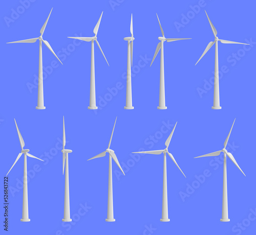 Wind turbines set in different positions isolated on blue background. Clean and renewable energy concept. 3D rendered image.
