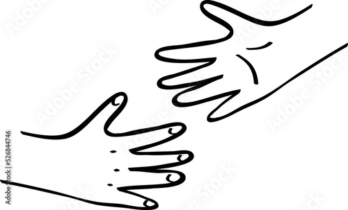 Kids hands reaching out to each other. Black and caucasian unity, diversity concept. Outline illustration in hand drawn style