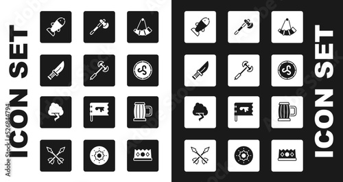 Set Hunting horn, Medieval poleaxe, Dagger, Fish, Shield viking, Wooden, beer mug and Cloud and lightning icon. Vector
