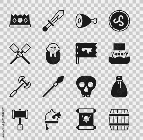 Set Wooden barrel, Old money bag, Viking ship Drakkar, Chicken leg, head, Oars or paddles boat, King crown and flag icon. Vector