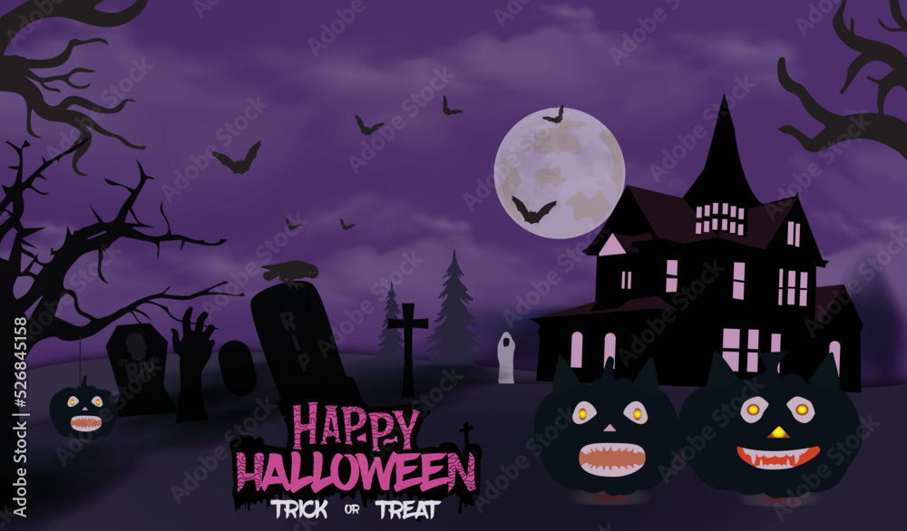Happy halloween banner or party invitation background with nice house and pumpkins