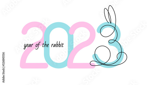 Banner 2023 year of the rabbit on a white background. Rabbit in one line in doodle style