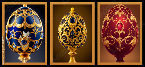 Set of three art compositions Faberge eggs, jewelry with topazes, diamonds and rubies.  photo