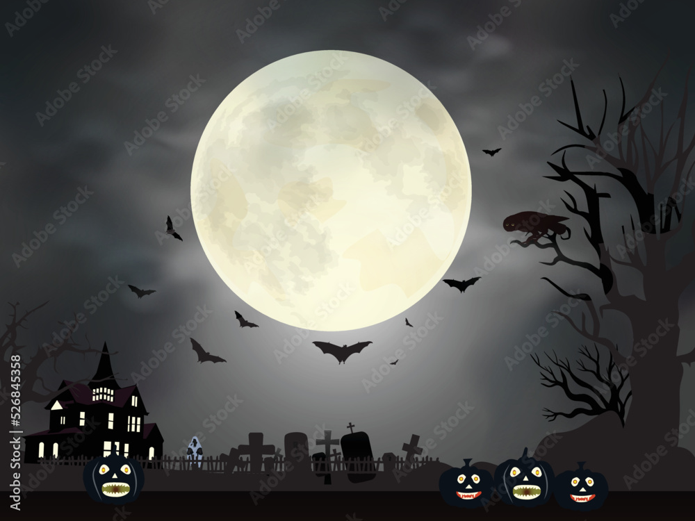Halloween night scene with a nice moon and ghost house background Halloween night scene with a nice moon and ghost house background