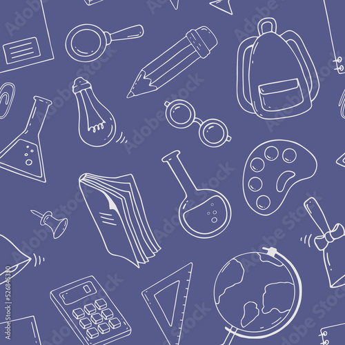 Vector school icons seamless pattern. Back to school, education, study. Doodle icons.