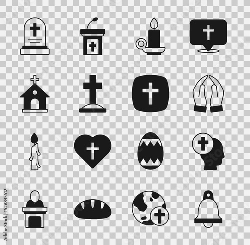 Set Church bell, Priest, Hands in praying position, Burning candle candlestick, Grave with cross, building, tombstone and Christian icon. Vector