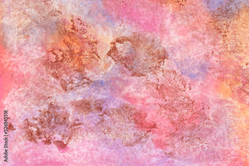 Rough multicolored watercolor texture with golden scuffs. Abstract hand-drawn background in pink and purple colors.