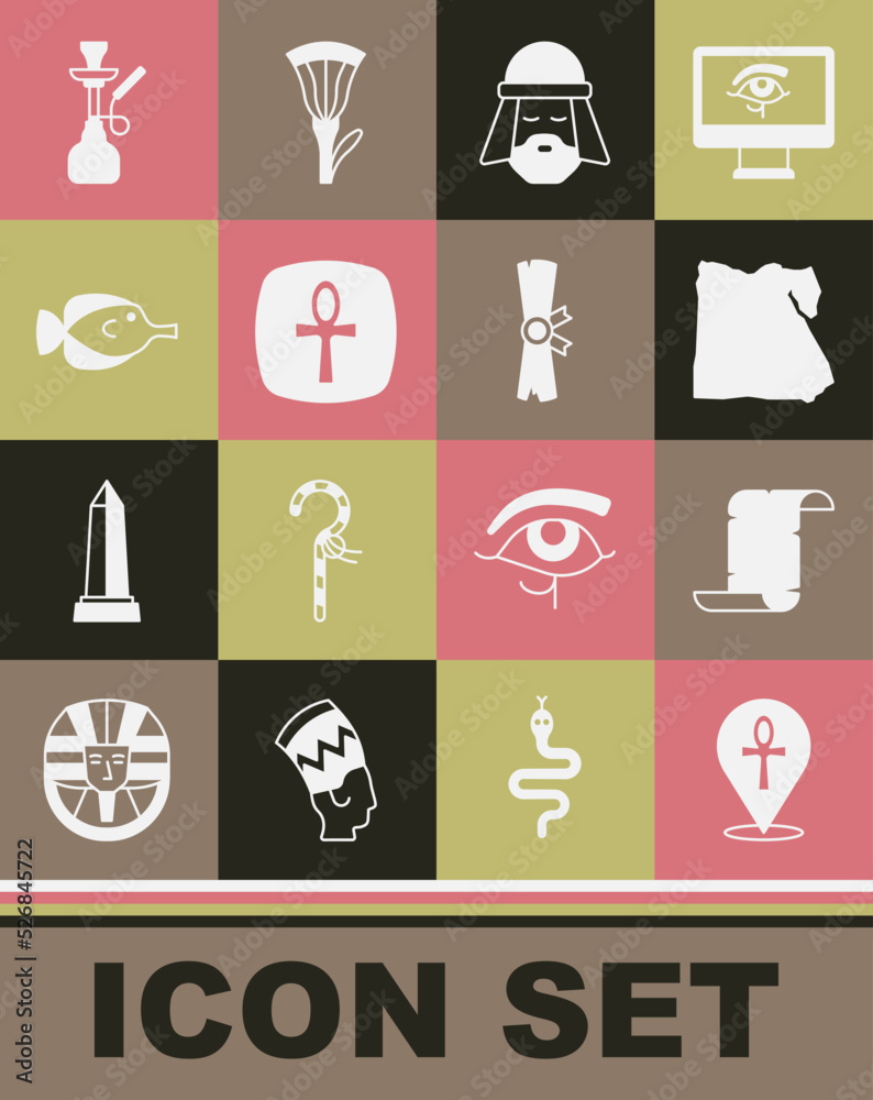 Set Cross ankh, Papyrus scroll, Map of Egypt, Egyptian man, Butterfly fish, Hookah and icon. Vector Set Cross ankh, Papyrus scroll, Map of Egypt, Egyptian man, Butterfly fish, Hookah and icon. Vector