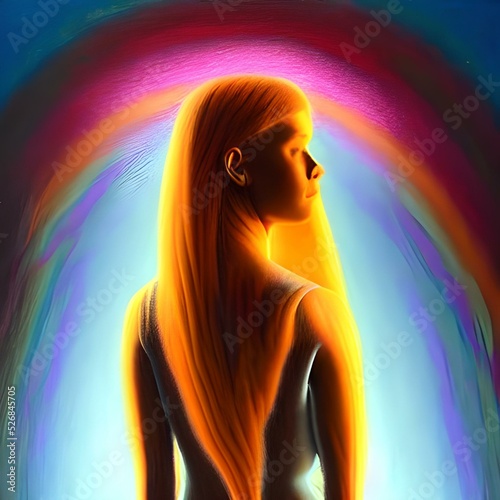 Illustration of abstract orrange colored statue of woman with colorful background photo