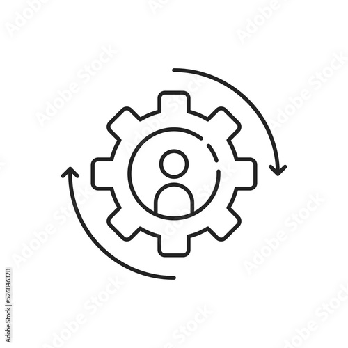 black gear icon with stick figure man inside