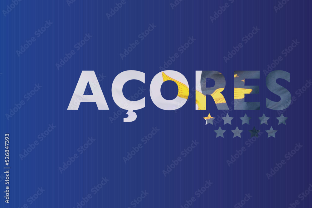 Azores lettering with mask of the official flag of the Azores inside over a blue background.