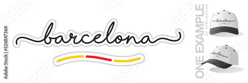 Barcelona Spain, abstract Barcelona flag ribbon, new modern handwritten typography calligraphic logo icon with example of application