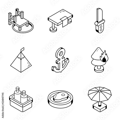 Collection of Camping Equipment Outline Icons 

