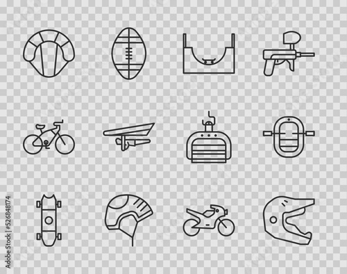 Set line Longboard or skateboard, Motocross motorcycle helmet, Skate park, Helmet, Parachute, Hang glider, Motorcycle and Rafting boat icon. Vector