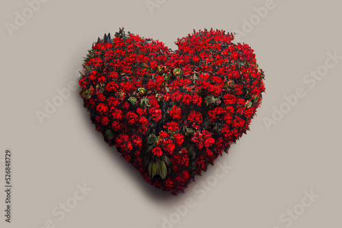 Romantic gift for valentine's day. Heart of flowers - A symbol of love and devotion. Bouquet of red flowers in the shape of a heart. Greeting card design. Surprise for the woman you love