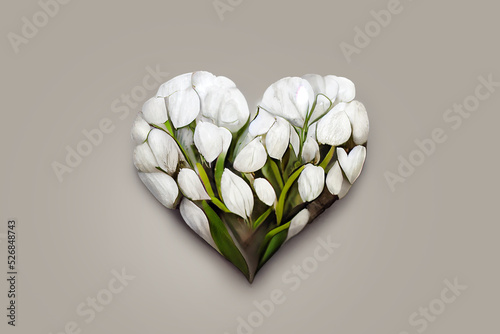 Bouquet of white flowers in the shape of a heart. Surprise for the woman you love. Greeting card design. Heart of flowers - A symbol of love and devotion. Romantic gift for valentine's day