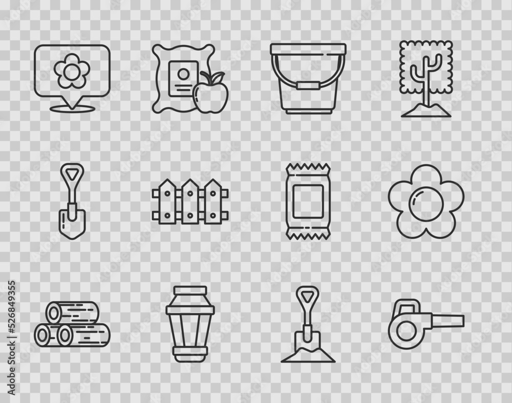 Set line Wooden logs, Leaf garden blower, Bucket, Garden light lamp, Location with flower, fence wooden, Shovel in the ground and Flower icon. Vector Set line Wooden logs, Leaf garden blower, Bucket, Garden light lamp, Location with flower, fence wooden, Shovel in the ground and Flower icon. Vector