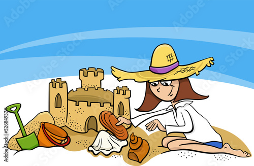 cartoon girl and sand castle on the beach on summer holidays