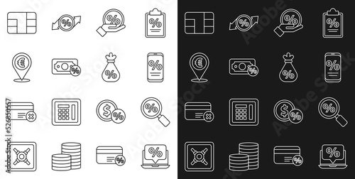 Set line Percent discount and laptop, Magnifying glass with percent, mobile, Discount tag, Money, Cash location, Credit card chip and bag icon. Vector