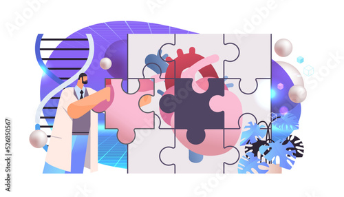 scientist putting puzzle pieces of anatomical heart human body internal organ medicine science healthcare problem solution