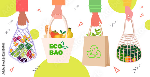 hands holding shopping eco bags full of fruits and vegetables eco friendly mesh shopper zero waste plastic free concept