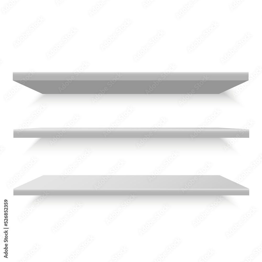 White shelf mockup. Empty shelves template. White shelf mockup. Empty shelves template.