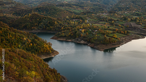 A view from above of the large reservoir Rovni in western Serbia in autumn