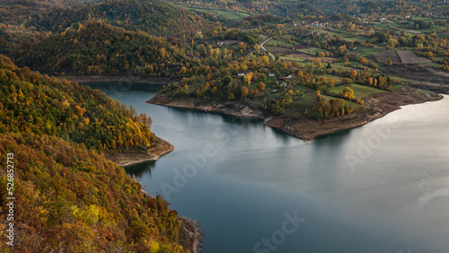 A view from above of the large reservoir Rovni in western Serbia in autumn