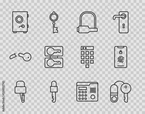 Set line Lock picks for lock picking, House with key, Bicycle, Locked, Safe, Casting keys, intercom system and Mobile fingerprint scan icon. Vector