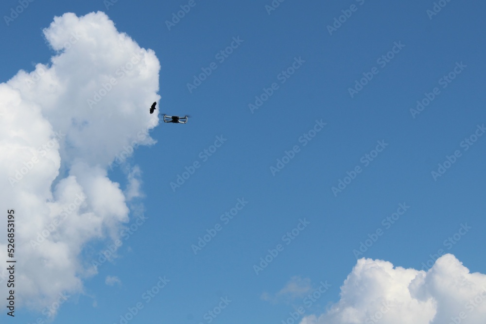 drone flying high in blue sky with clouds and a bird