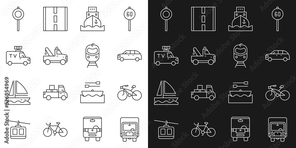 Set line Delivery cargo truck, Bicycle, Hatchback, Cargo ship, Tow, TV News, Road traffic signpost and Train and railway icon. Vector