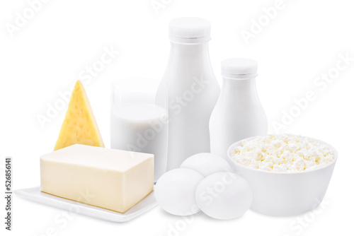 Set of dairy products such as milk, cottage cheese, yoghurts and eggs on a white isolated background