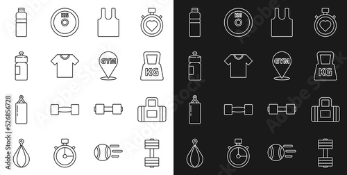 Set line Dumbbell, Sport bag, Weight, Sleeveless T-shirt, Fitness shaker, and Location gym icon. Vector