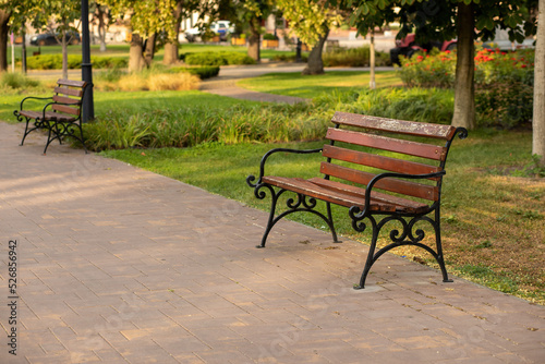 Wooden bench in the city park.Summer season. © Munka
