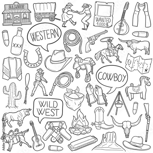 Cowboy Doodle Icons. Hand Made Line Art. Western Clipart Logotype Symbol Design.